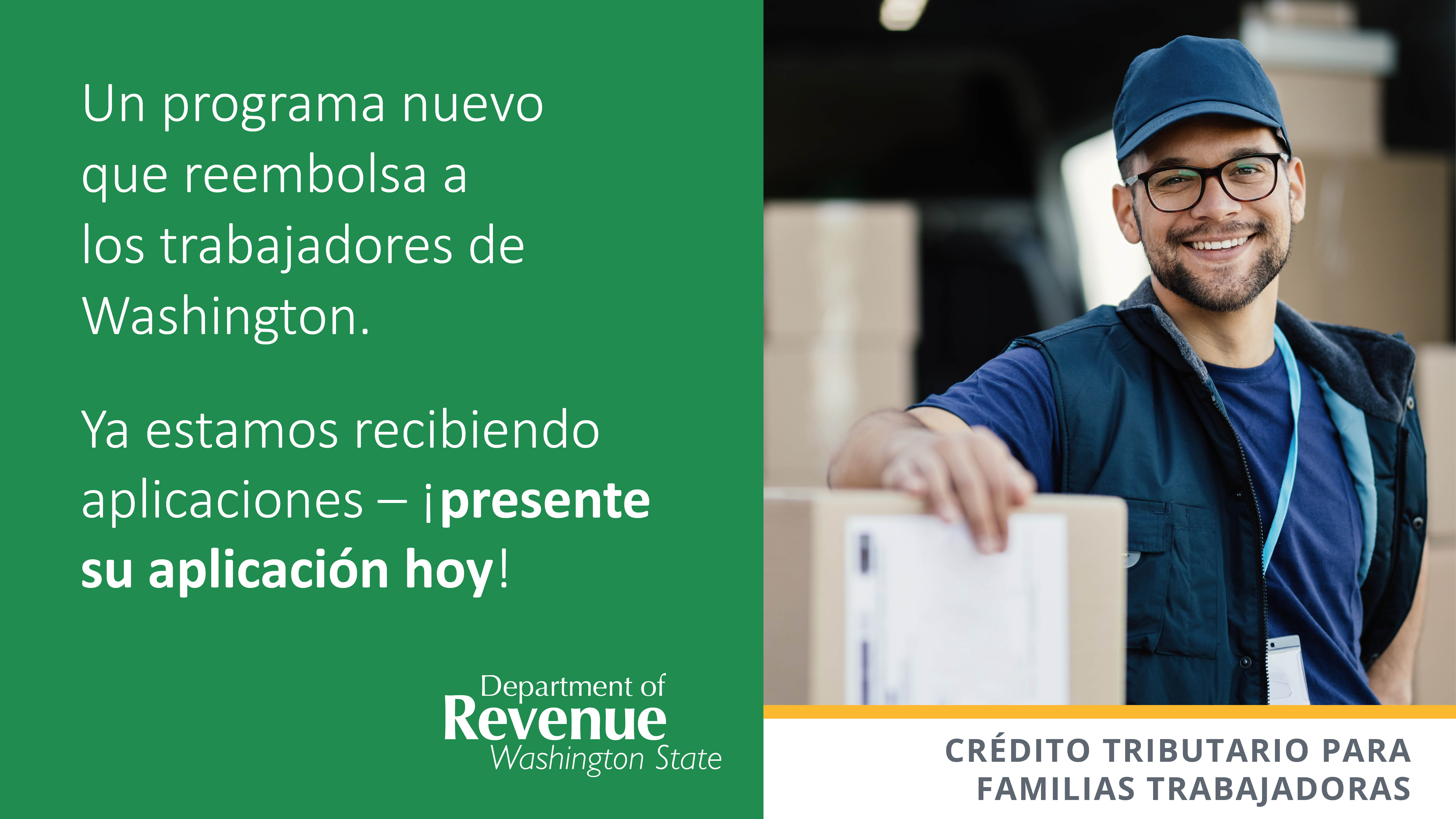 Sample social media post with a smiling latina woman and child: un programa nuevo que reebolsa a los trabajadores de washington por susimpuestos pagados, Crédito tributario para familias trabajadorasDepartment of Revenue, Washington State