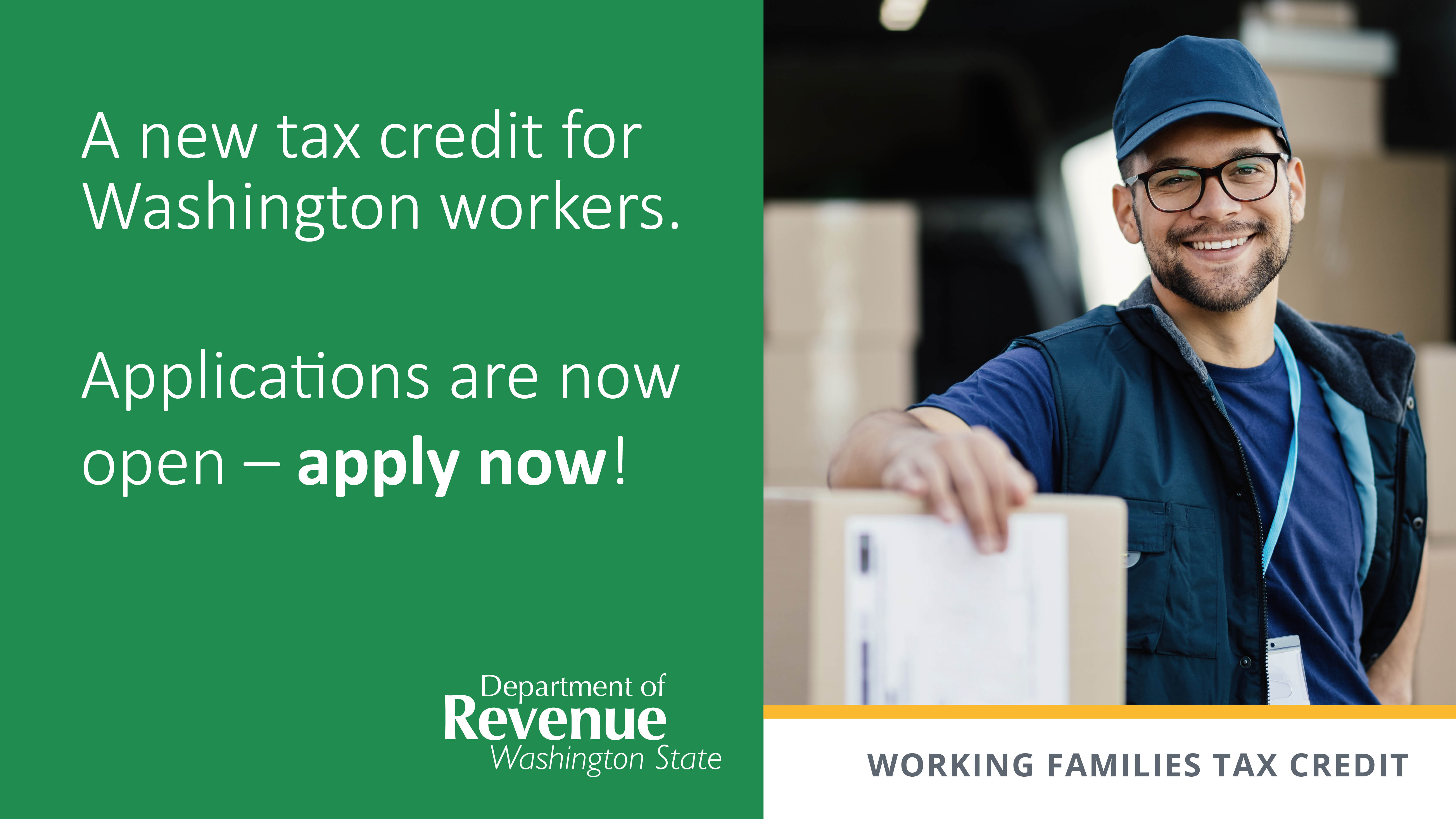 Sample social media post with a smiling latina woman and child: a new tax credit for washington workers starts in 2023! Working families tax credit, Department of Revenue, Washington State