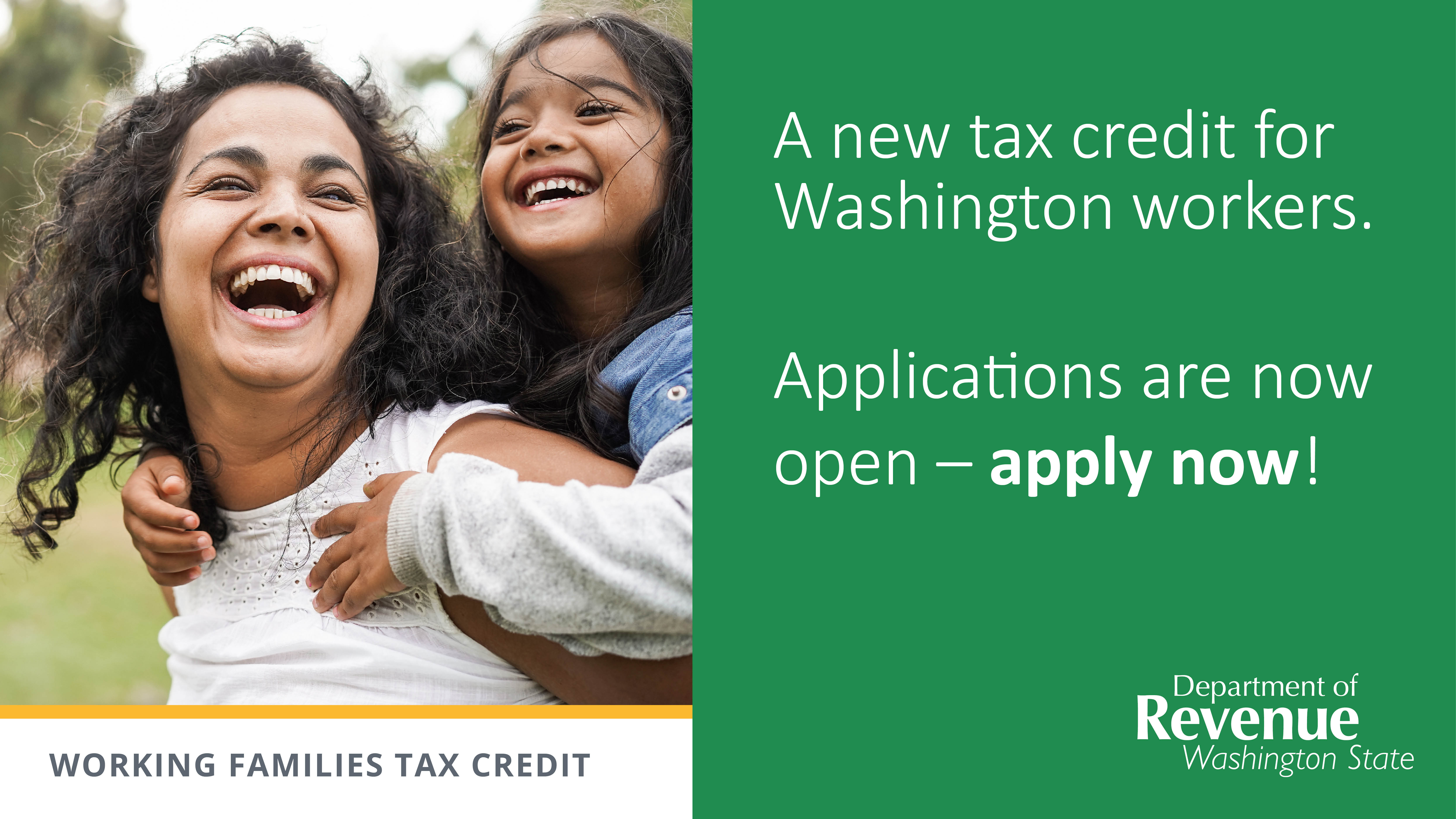 Sample social media post with a black parent holding a mixed-race baby: a new tax credit for washington workers starts in 2023! Working families tax credit, Department of Revenue, Washington State