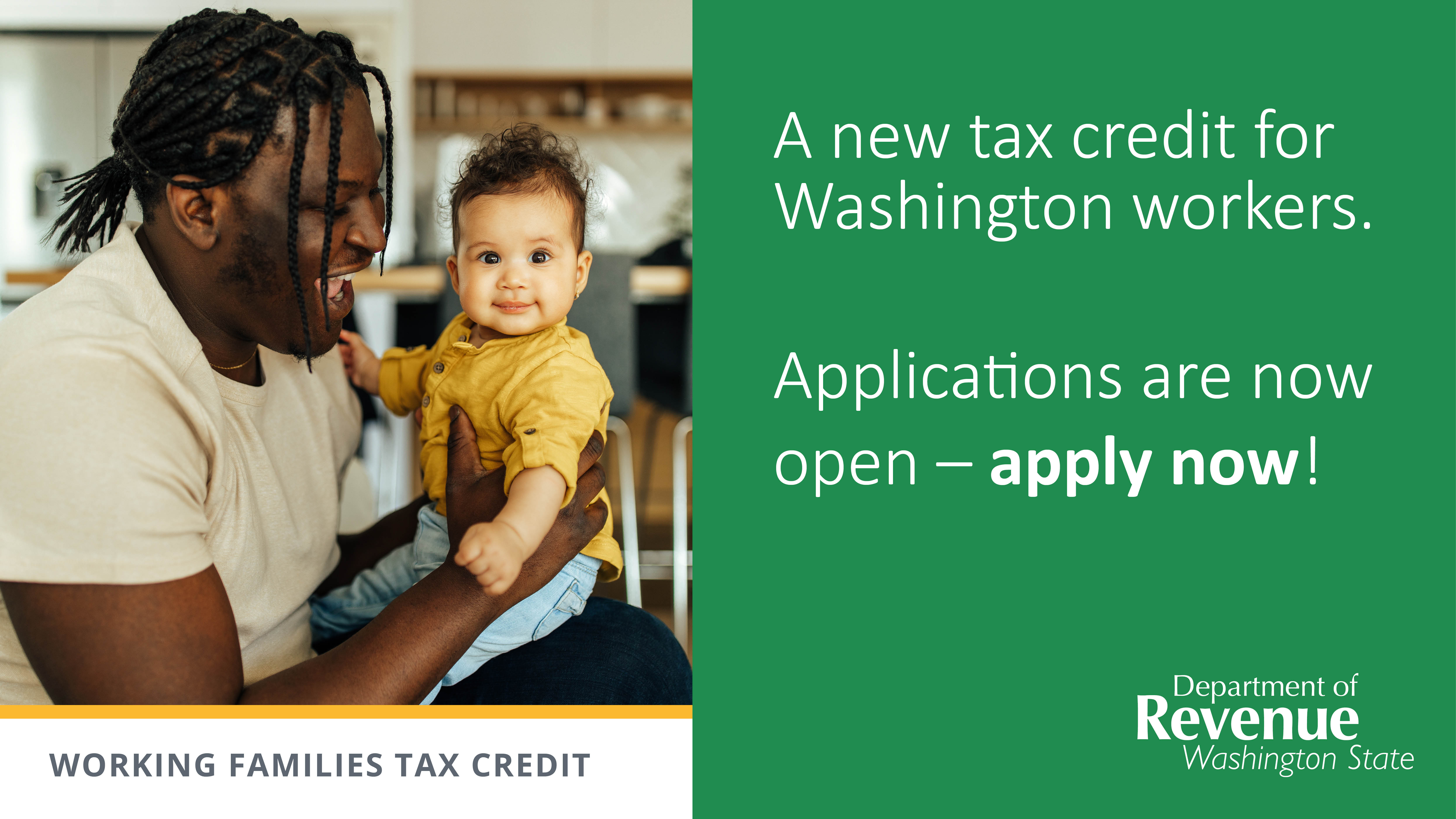 Sample social media post with 2 sets of parents with babies and one man working a package delivery job: a new tax credit for washington workers starts in 2023! Working families tax credit, Department of Revenue, Washington State