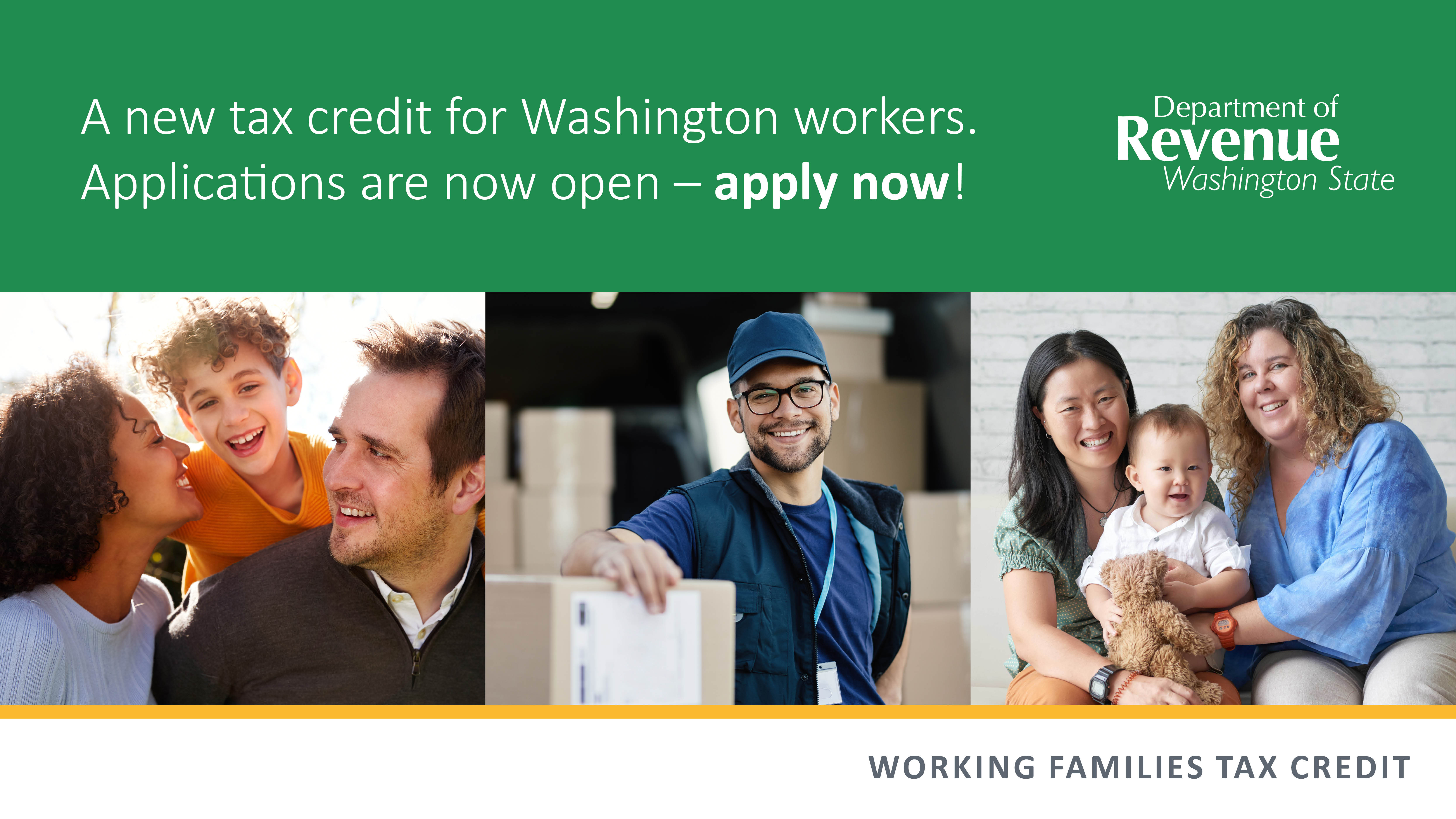 Sample social media post with a black parent with a mixed-race baby, a black driver, and a latina woman and child: a new tax credit for washington workers starts in 2023! Working families tax credit, Department of Revenue, Washington State