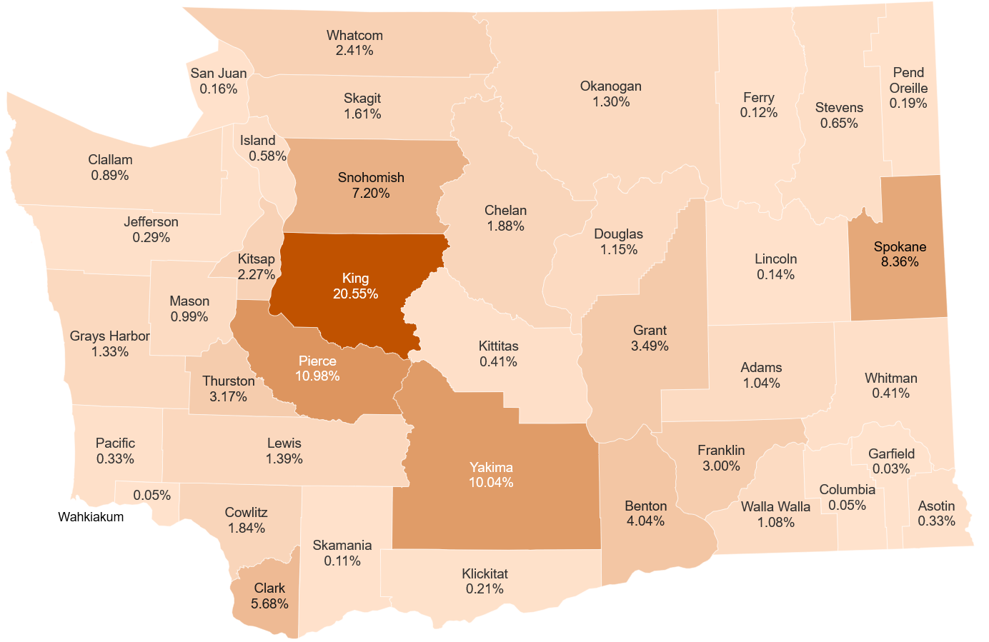 Map of Washington State showing counties and percentage of applications