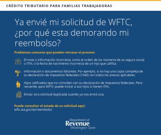Spanish graphic for social media listing reasons for delayed refunds.