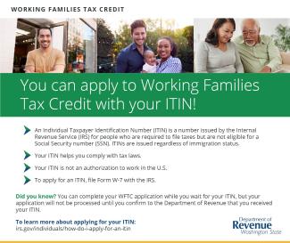 English infographic showing that you can apply for the Working Families Tax Credit with your ITIN.