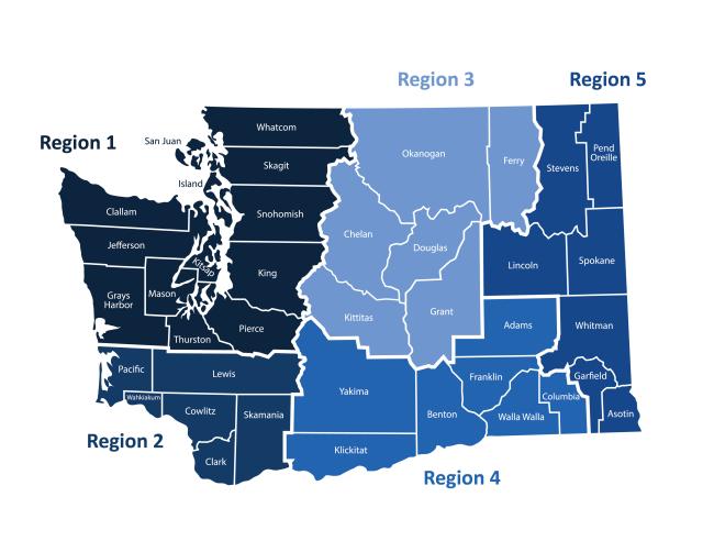 Map of Washington showing counties grouped region. Counties listed above in webpage.