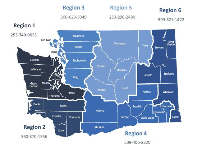 Map of Outreach Specialists by region. Phone numbers and counties are listed on the web page.